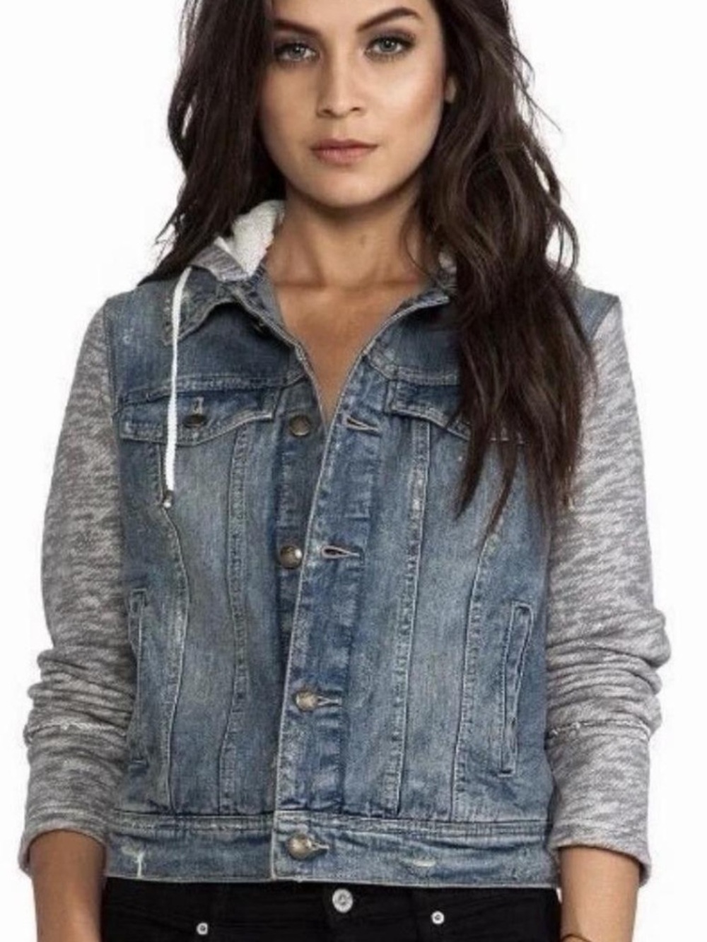 Free People Blue Denim Jacket with Gray Knit Sleeves